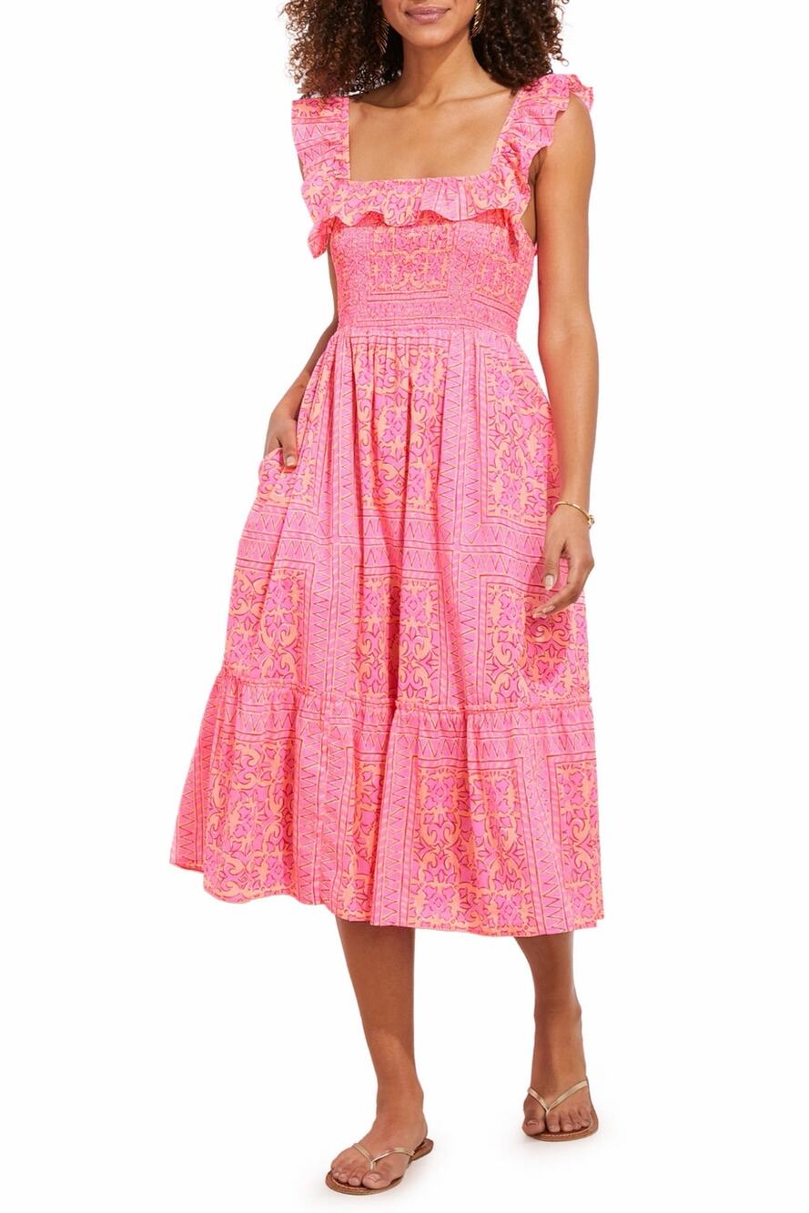 Vineyard Vines Women’s Bright Pink Sleeveless Cotton Smocked Tiered Midi Dress M